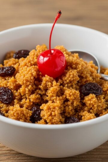 Leche cortada dominicana in a plain white ceramic bowl with golden-amber grainy curds, raisins, and a bright red maraschino cherry on top