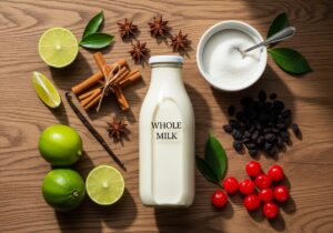 Ingredients for leche cortada dominicana laid out on a wooden surface — milk, sugar, cinnamon sticks, star anise, limes, vanilla, raisins, and maraschino cherries