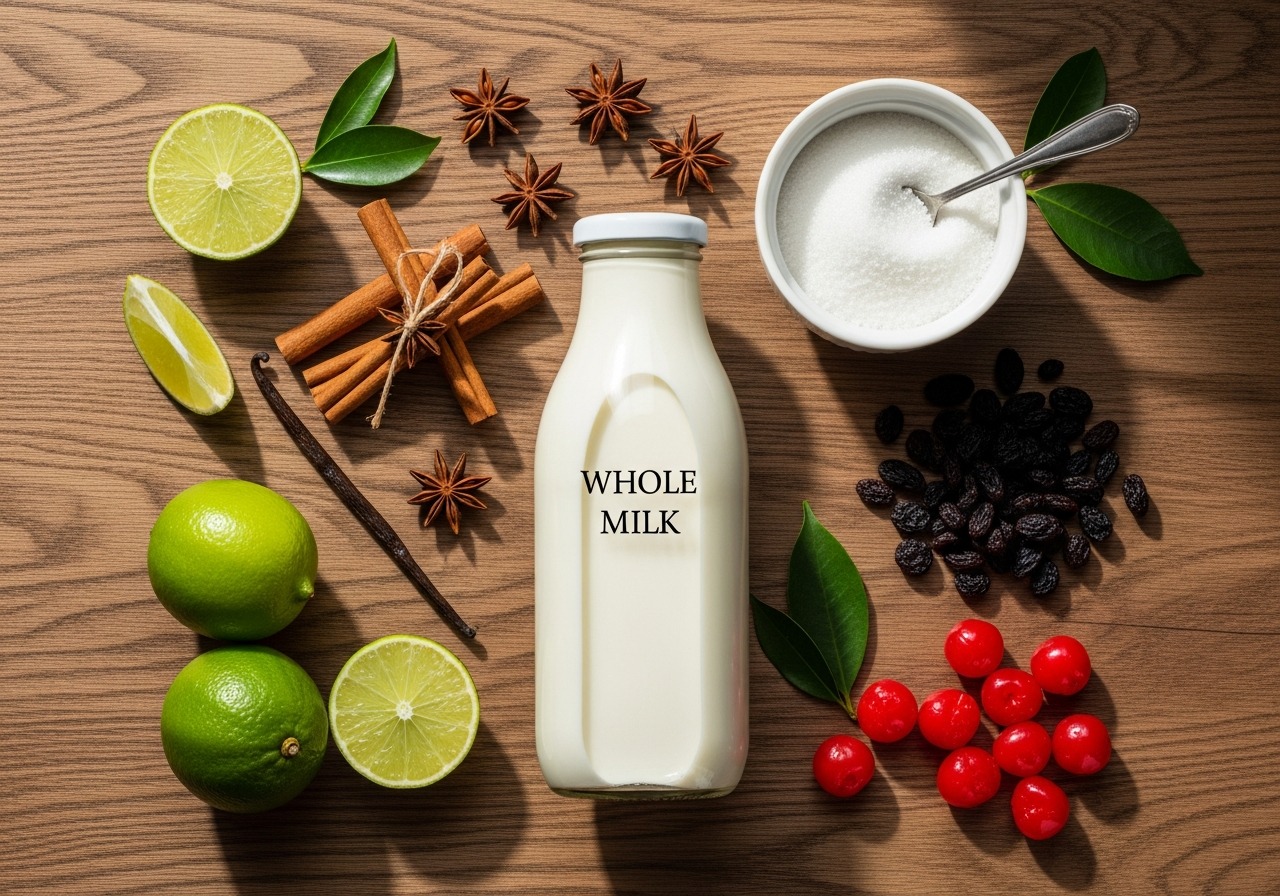 Ingredients for leche cortada dominicana — whole milk, sugar, cinnamon sticks, star anise, limes, vanilla, raisins, and maraschino cherries on a wooden surface