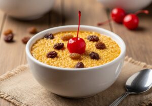 Simple white bowl of leche cortada with golden-amber grainy curds, raisins, and a maraschino cherry garnish