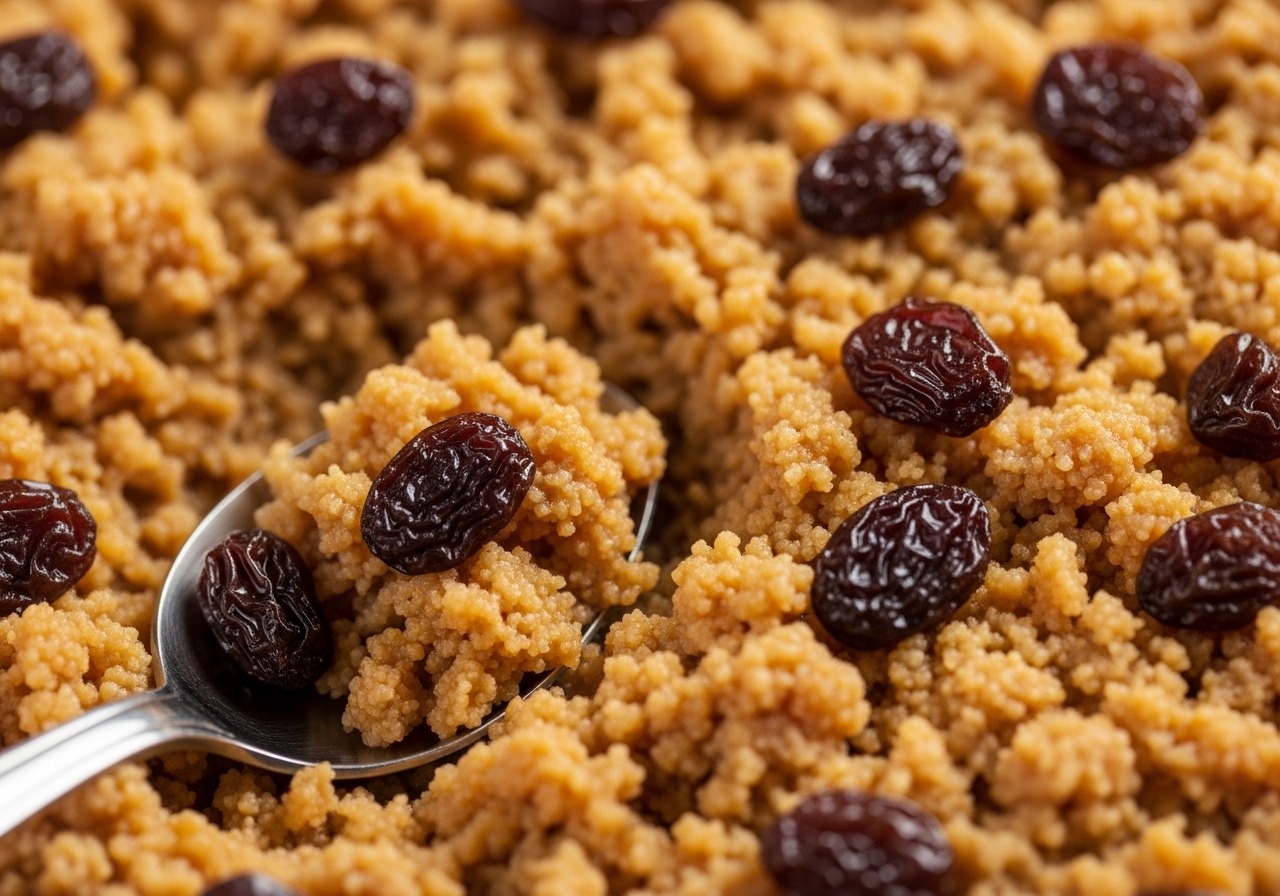 Extreme macro close-up of leche cortada showing coarse golden caramelized curds with raisins and a spoon mid-scoop