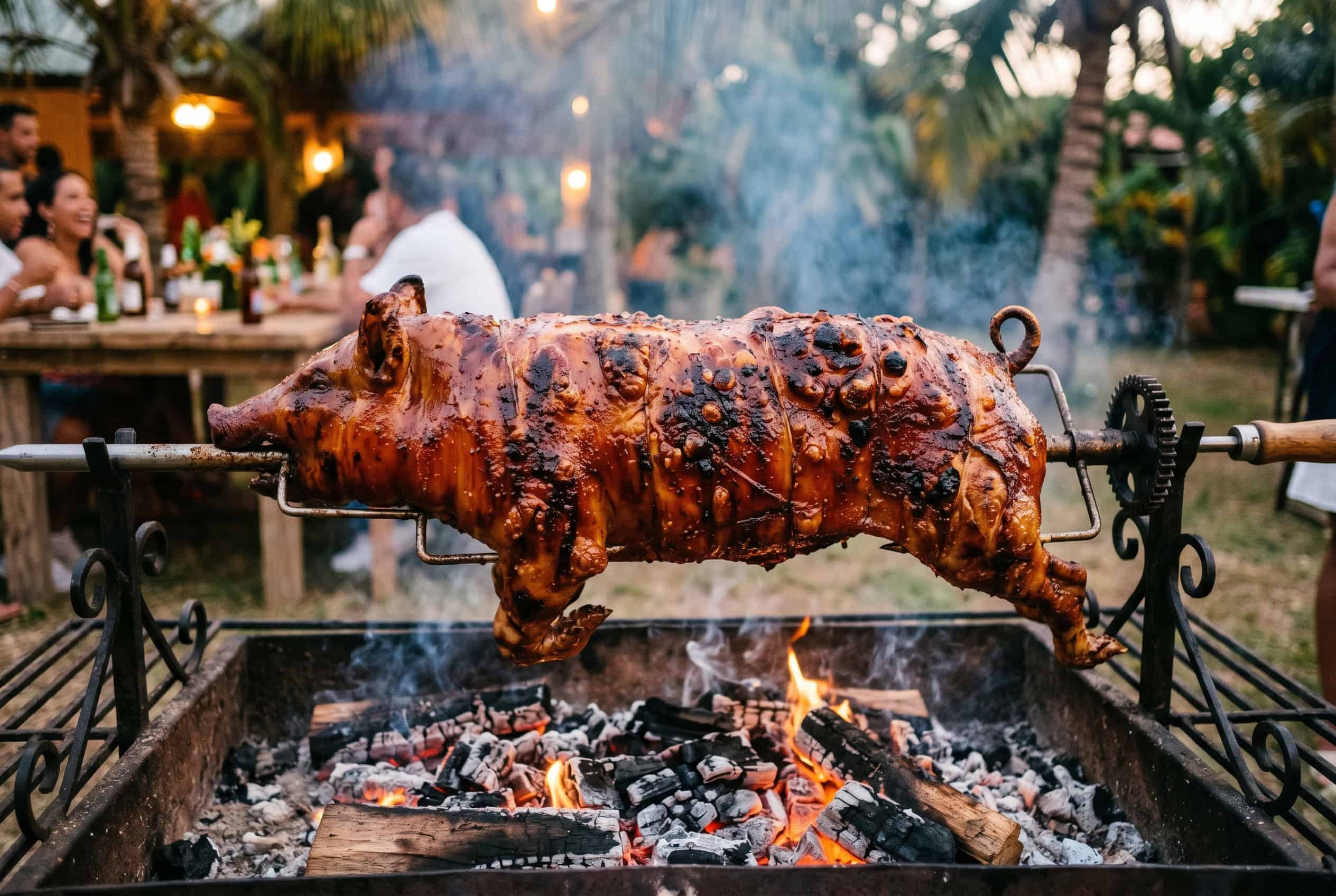 Dominican lechon asado whole roasted suckling pig on spit with crispy skin