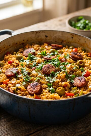 Locrio de longaniza served in a large Dutch oven pot showing golden Dominican sausage rice with vibrant peppers, olives, and fresh cilantro garnish