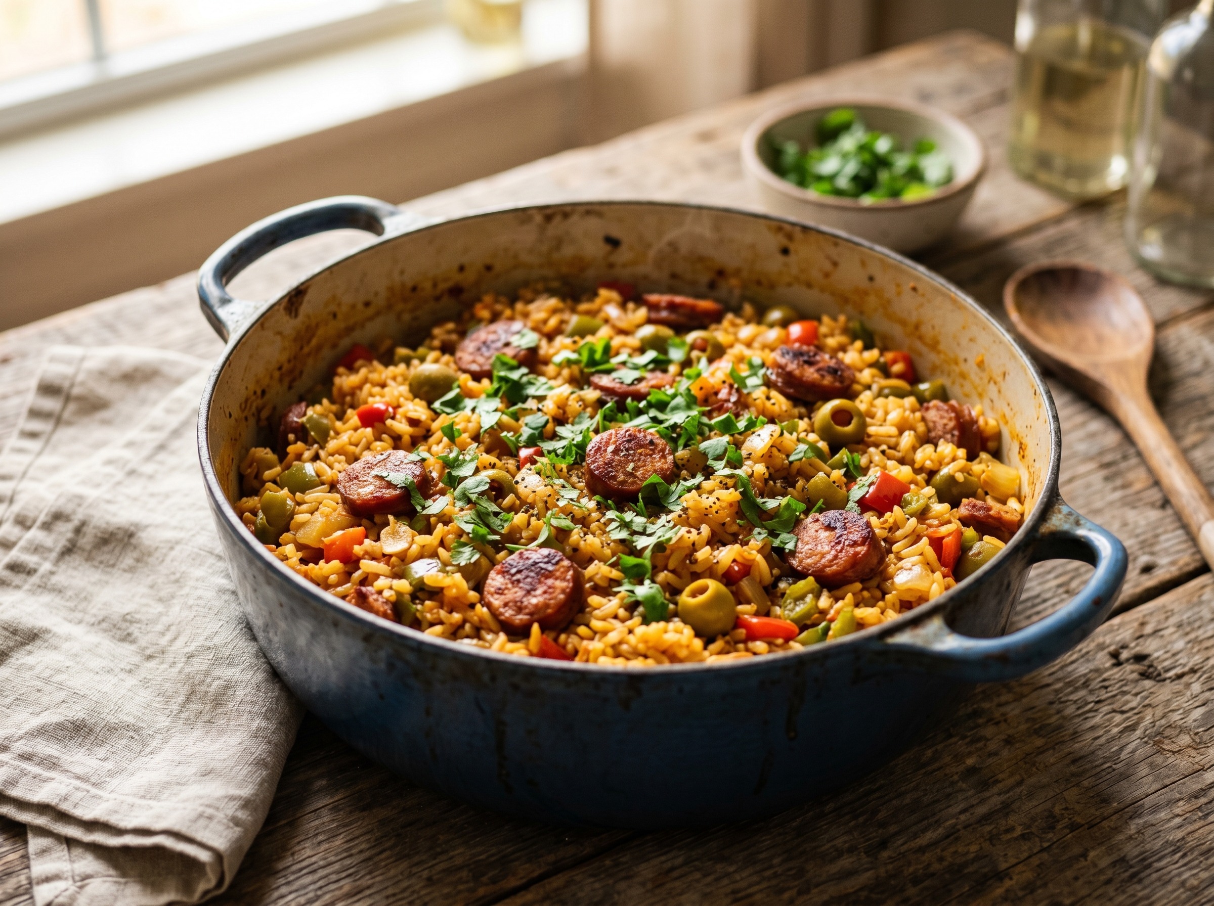 Locrio de longaniza served in a large Dutch oven pot showing golden Dominican sausage rice with vibrant peppers, olives, and fresh cilantro garnish