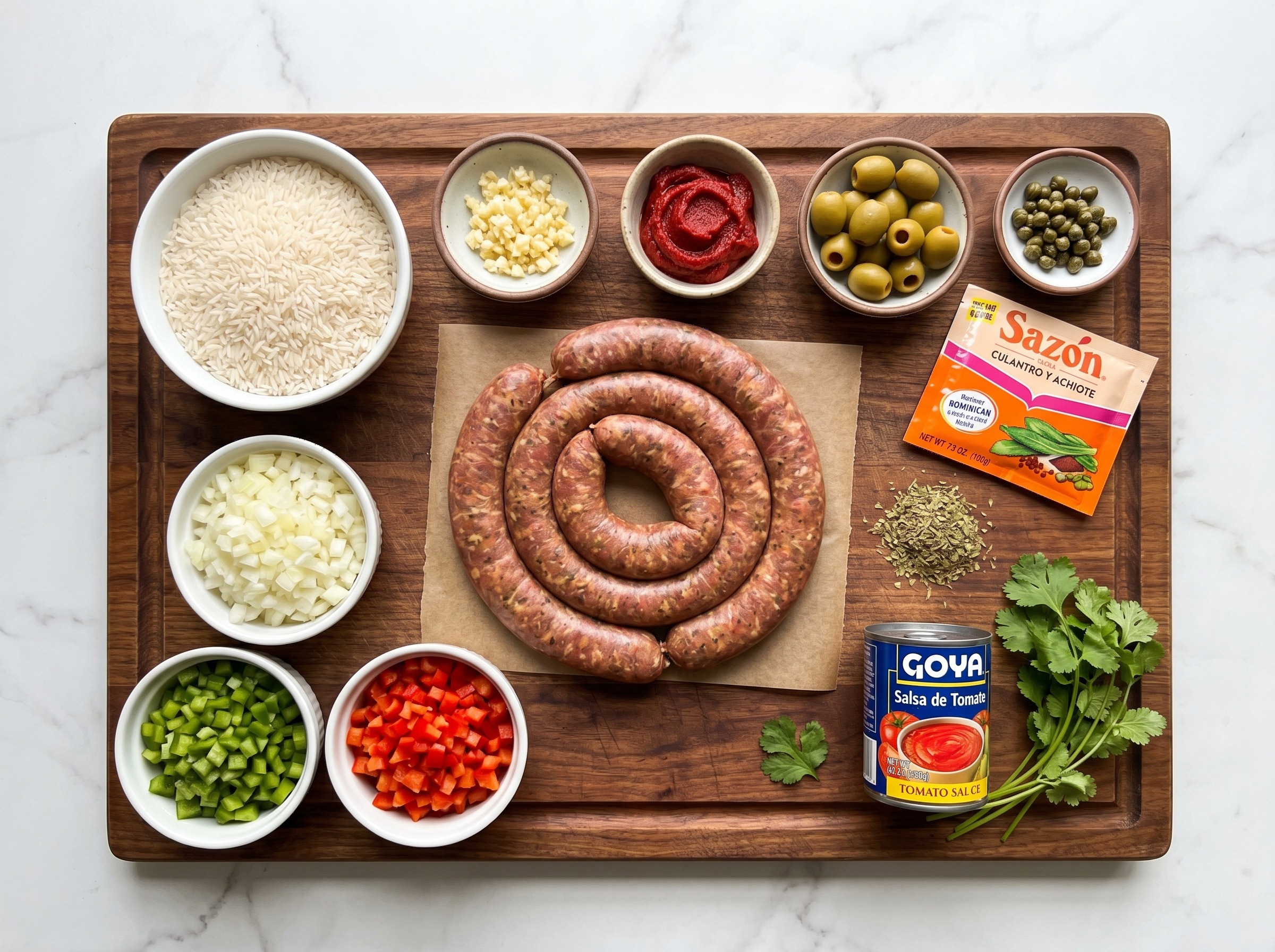 All ingredients for locrio de longaniza laid out on a cutting board including longaniza sausage, rice, peppers, onions, garlic, tomato paste, olives, and seasonings