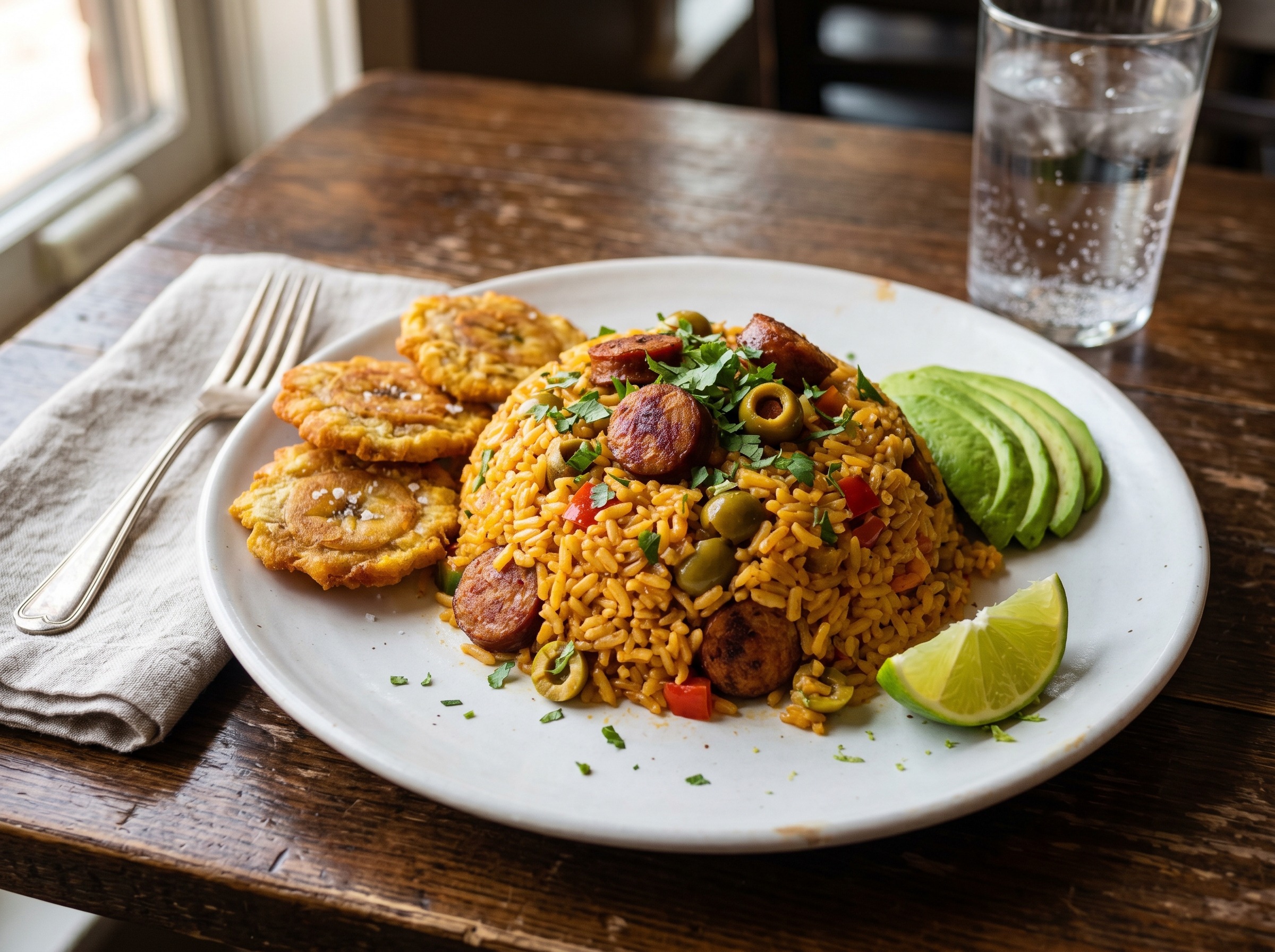 Locrio de longaniza beautifully plated on a white dish with tostones and a side salad on a wooden table