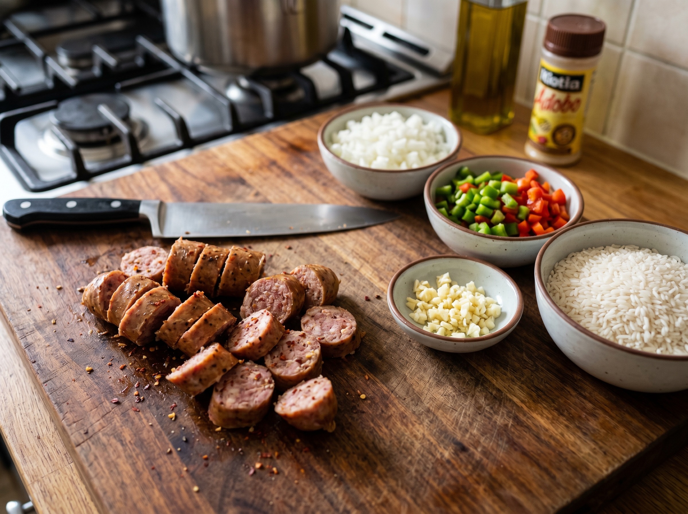 Sliced longaniza rounds on a cutting board next to diced onions, peppers, and minced garlic ready for cooking