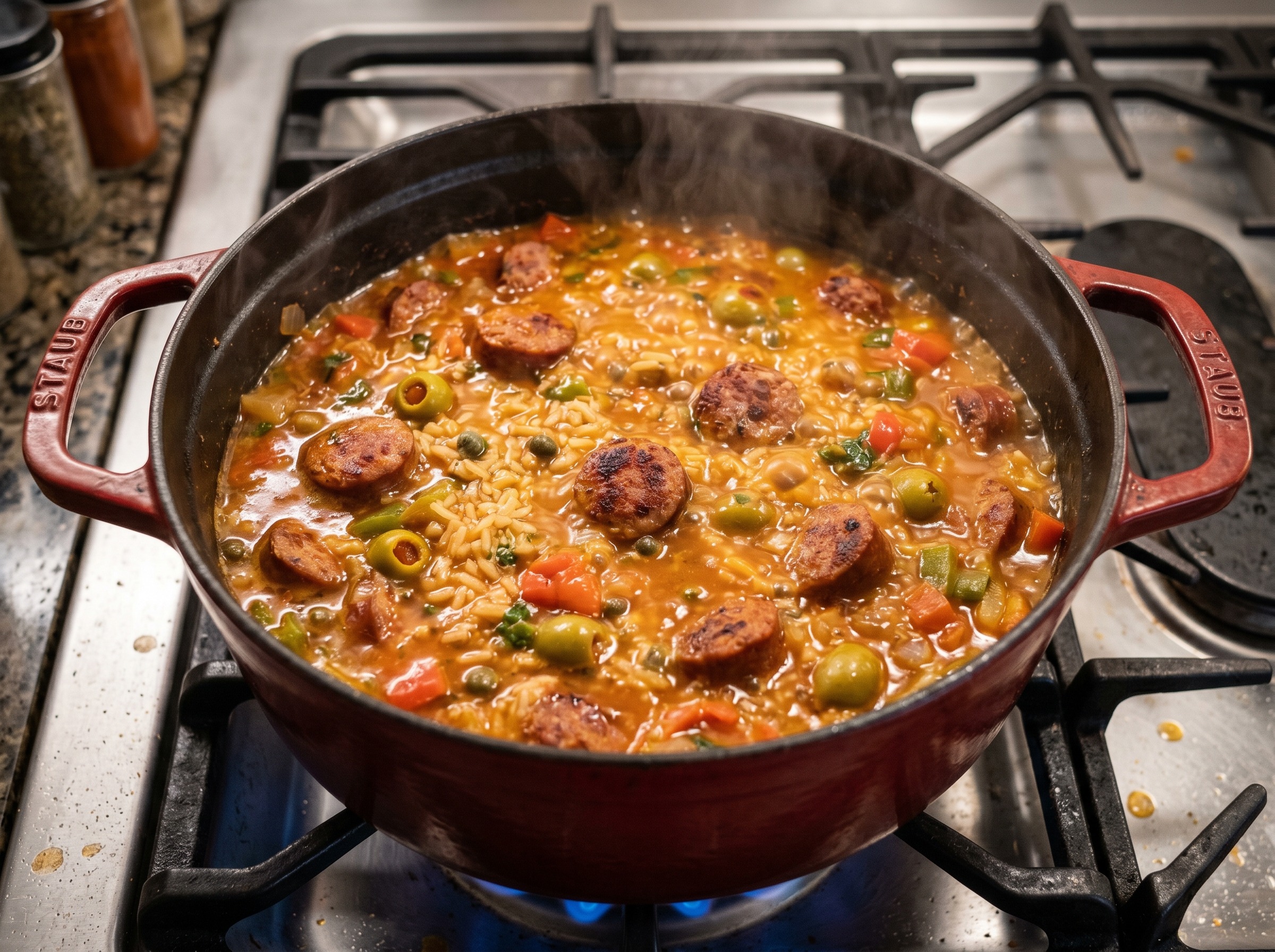Dutch oven with browned longaniza in a rich tomato and sofrito broth with olives before adding rice