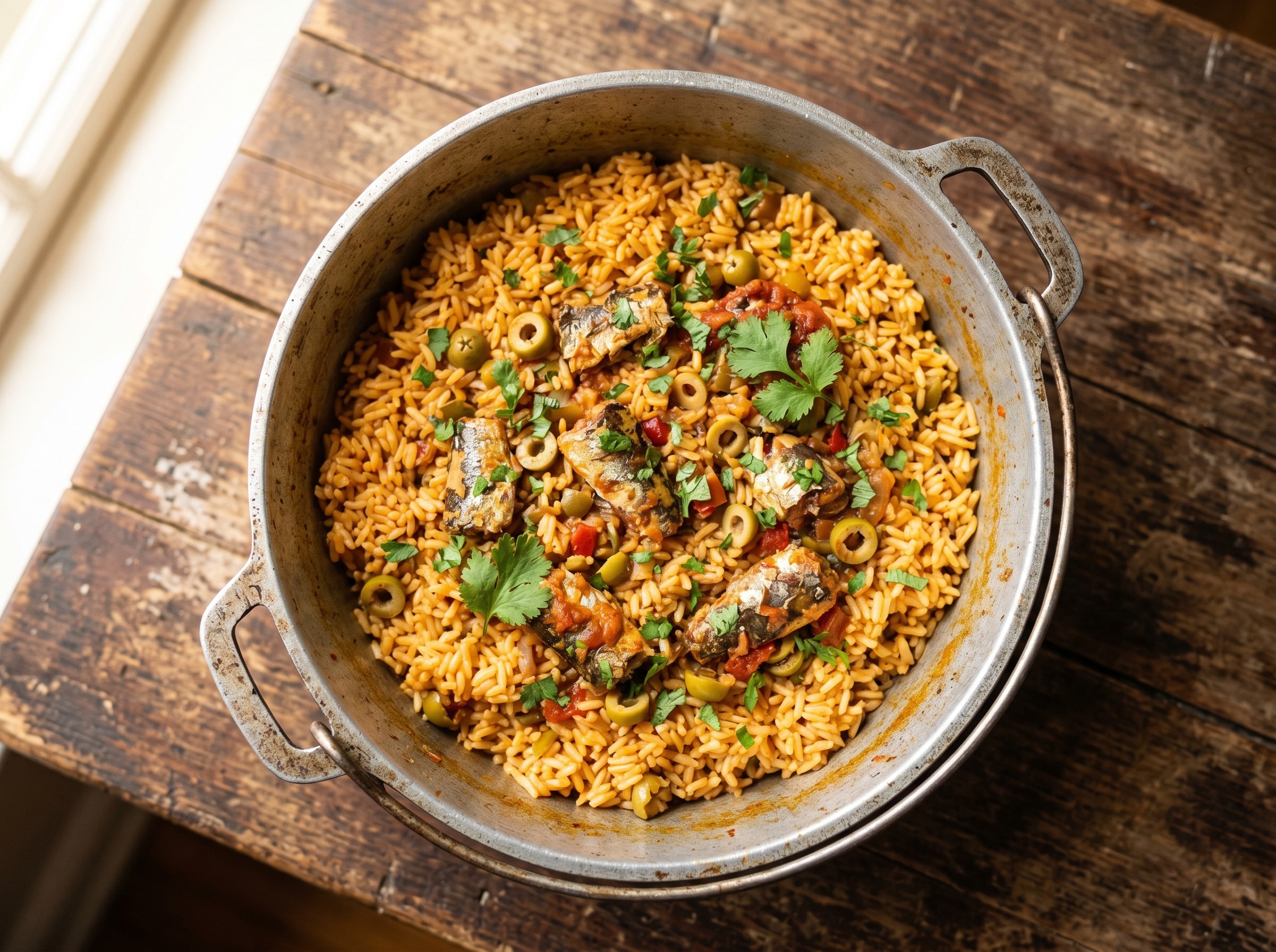 Locrio de pica-pica served in a large pot showing fluffy rice studded with spicy sardines, olives, and fresh cilantro