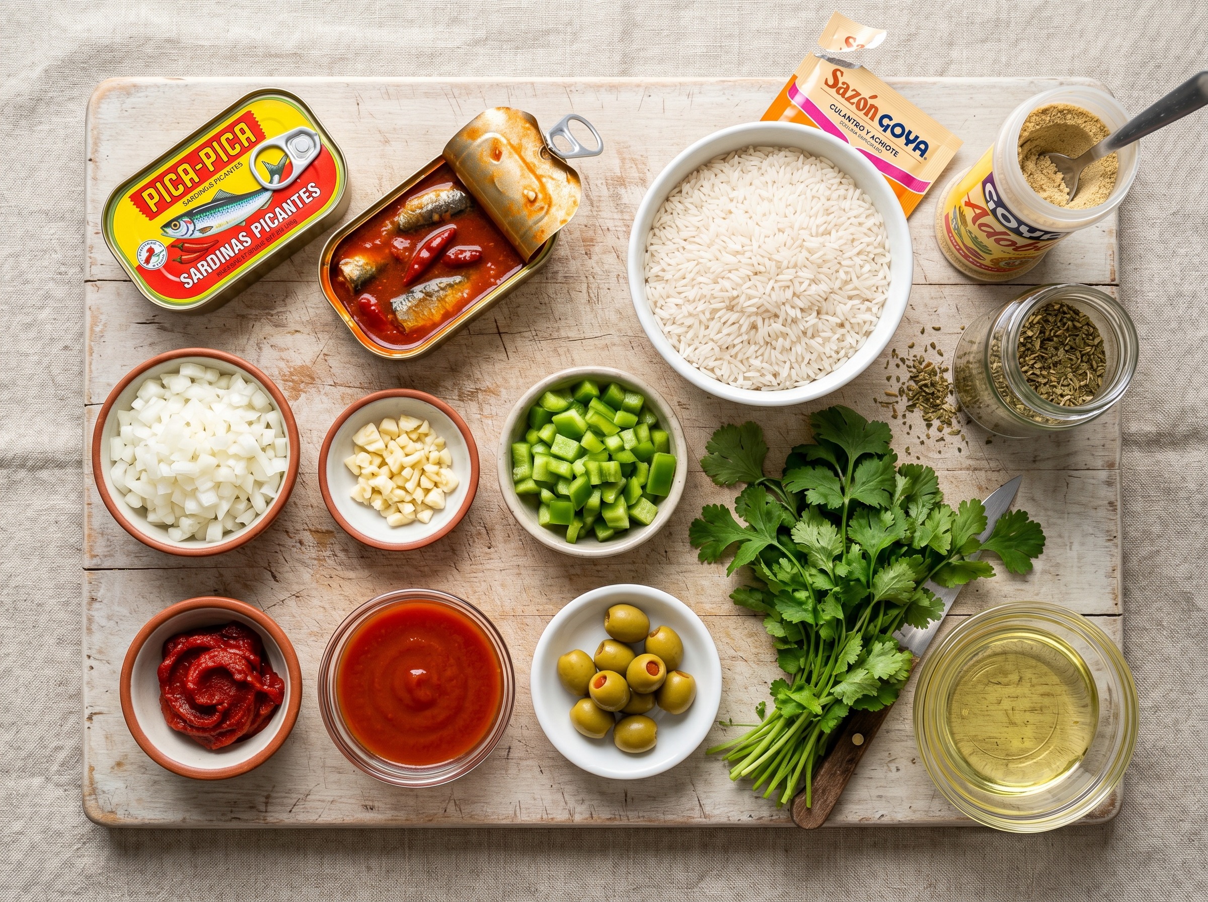 All ingredients for locrio de pica-pica laid out on a wooden cutting board including canned pica-pica sardines, rice, onion, garlic, cubanelle pepper, tomato paste, tomato sauce, olives, seasonings, cilantro, and oil