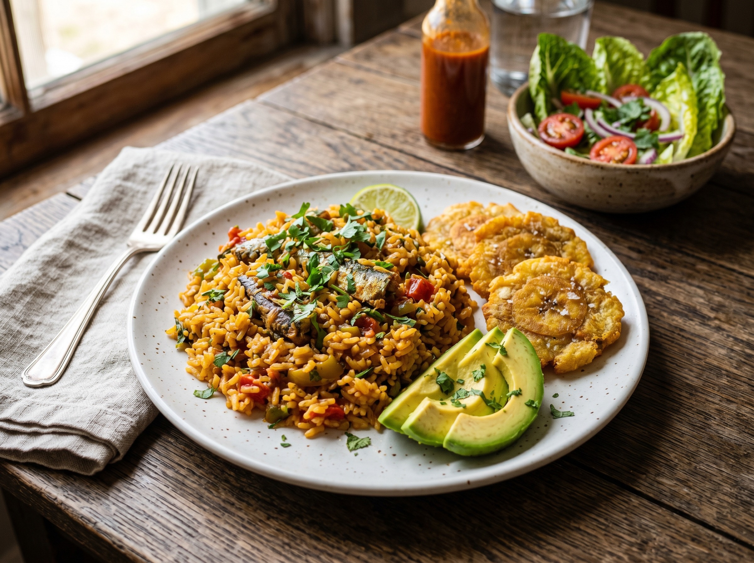 Locrio de pica-pica plated on a white dish with tostones and a simple green salad on the side
