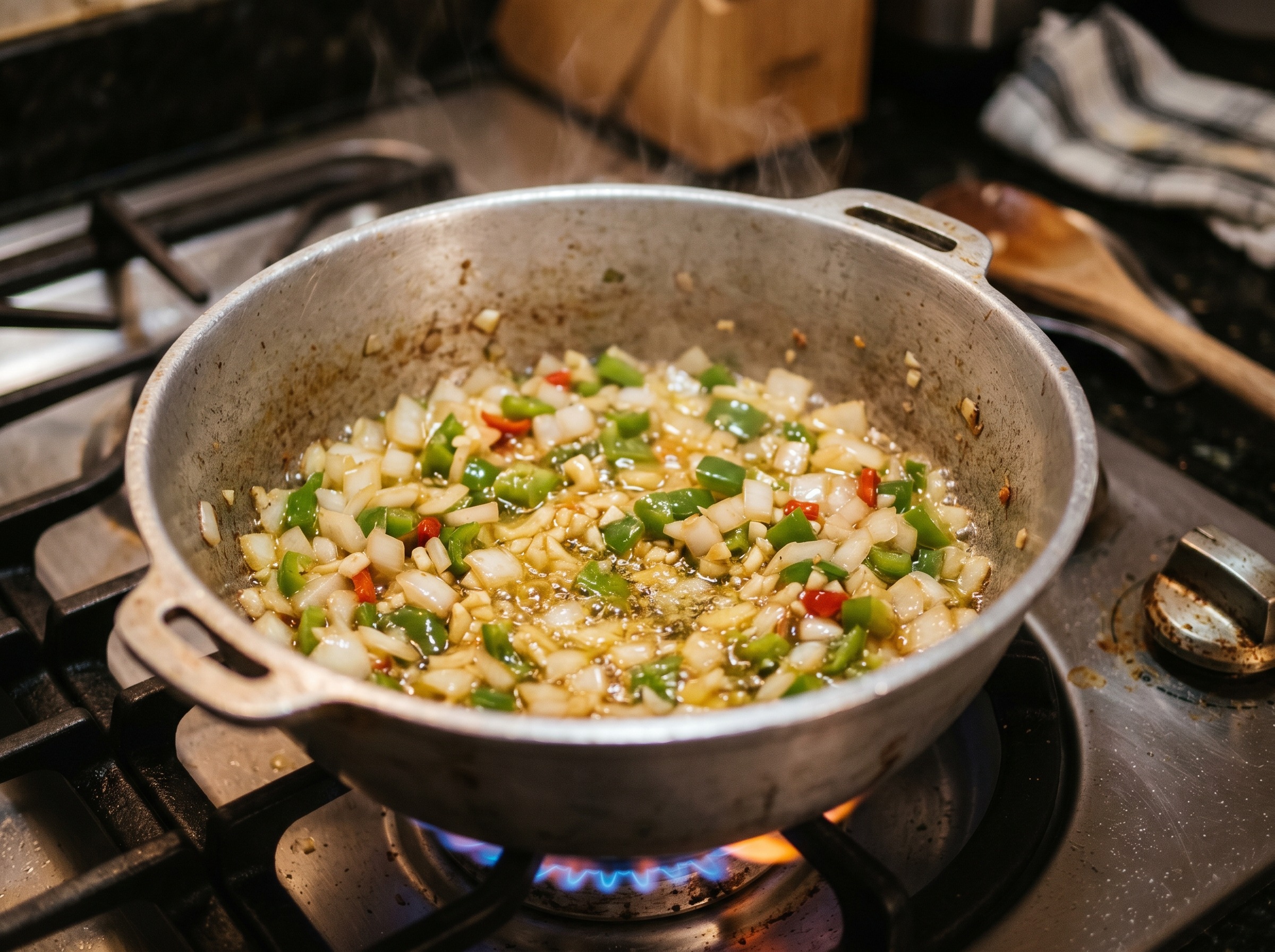 Sofrito base cooking in a caldero with diced onion, cubanelle pepper, and garlic in shimmering oil