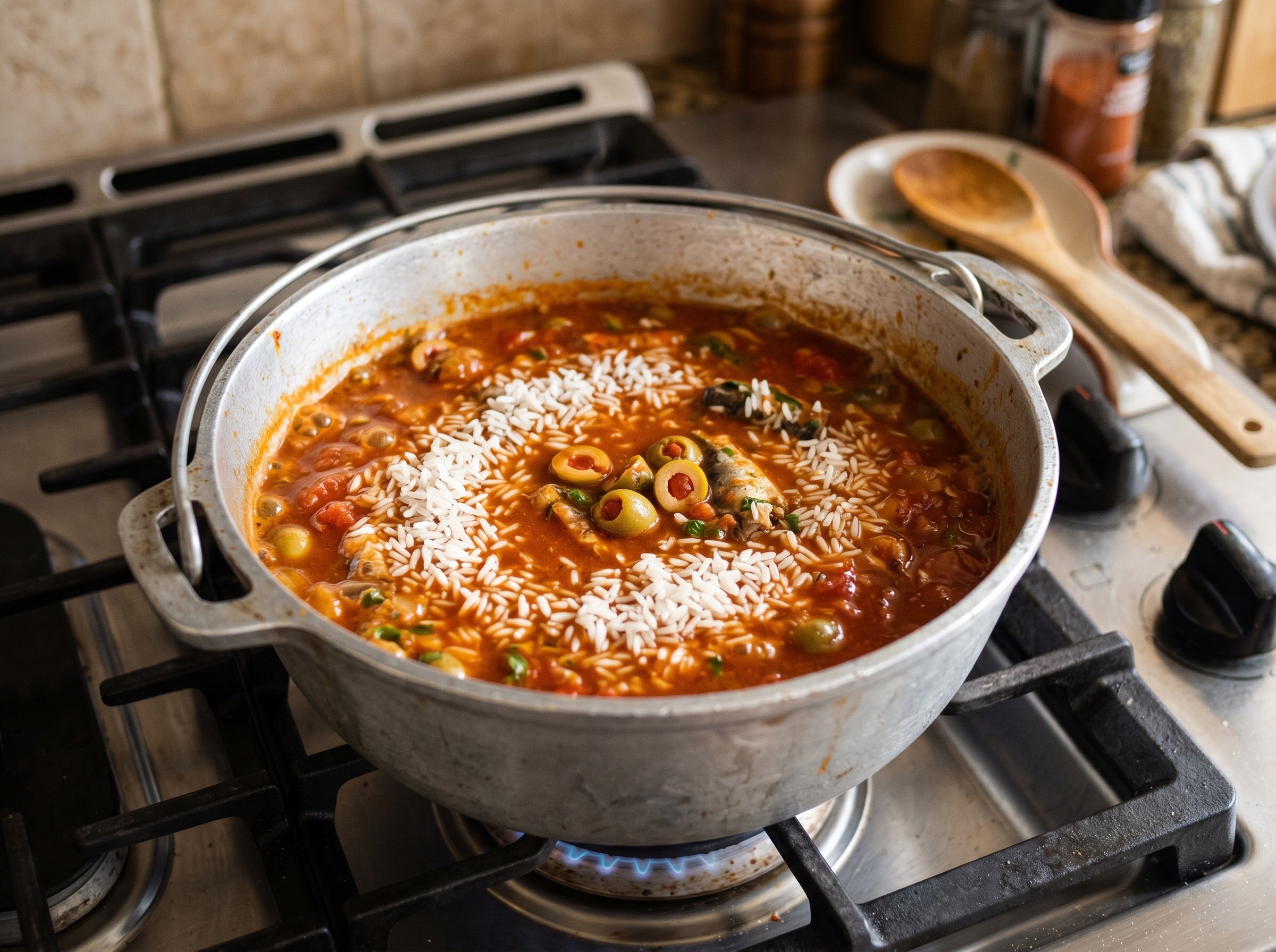 Rice cooking in the caldero with pica-pica sardines, tomato sauce, and seasonings, liquid just added before covering