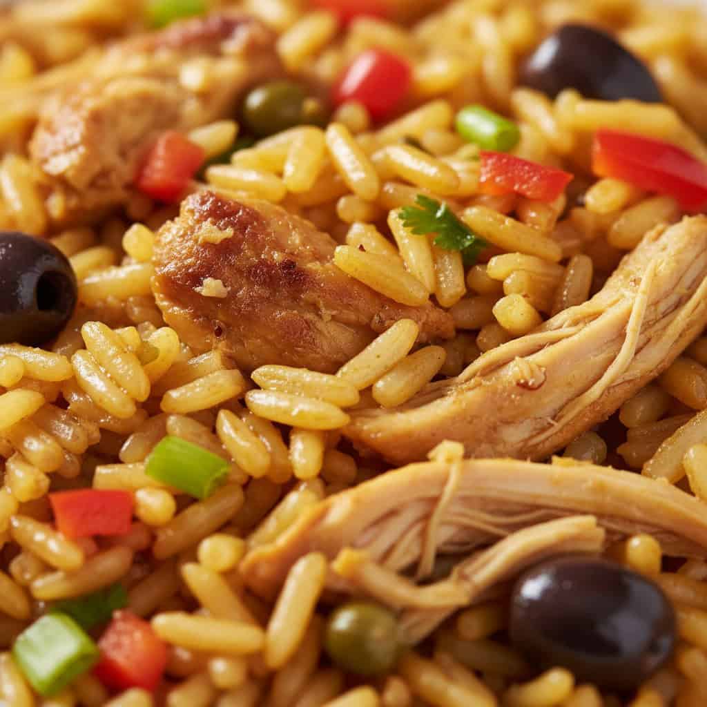 Close-up of locrio rice grains coated in sofrito with chicken visible