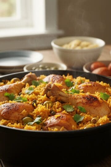 Dominican locrio de pollo one-pot rice and chicken with olives served from caldero