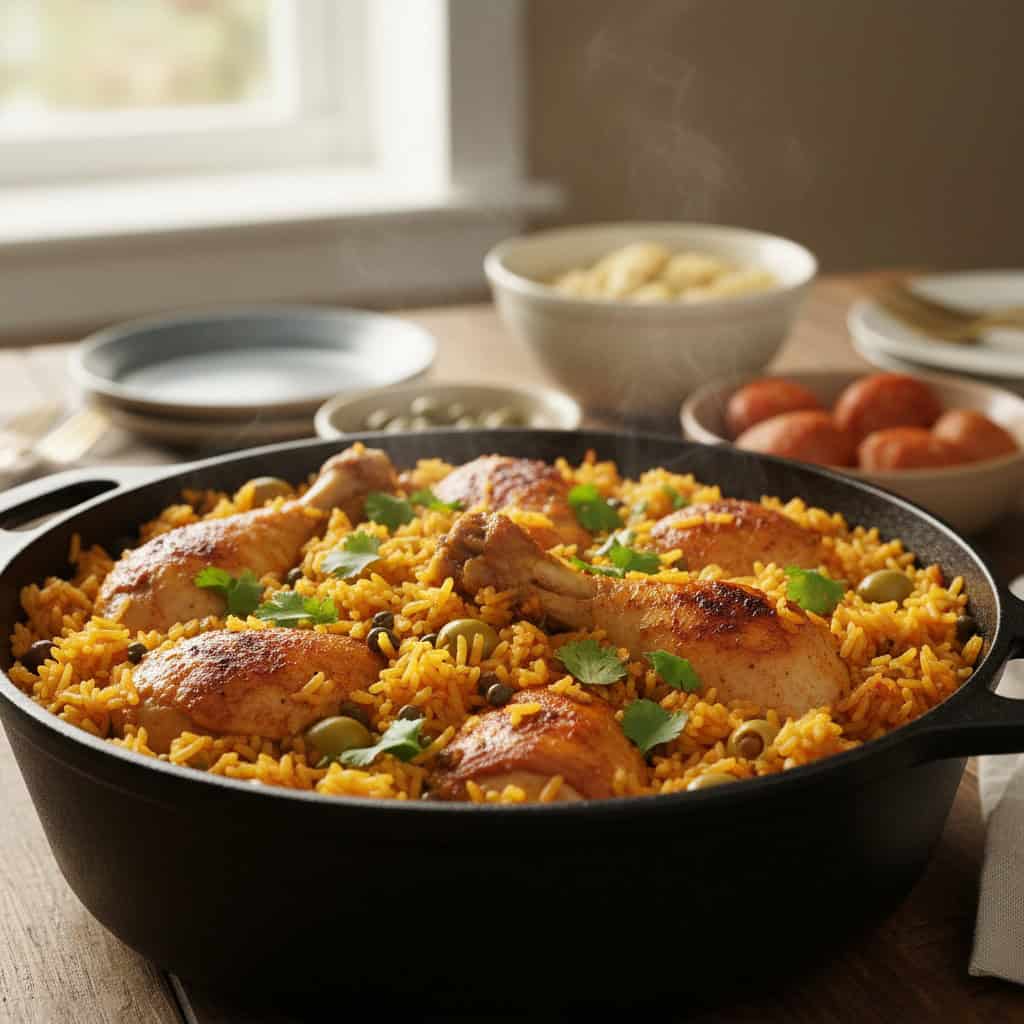 Dominican locrio de pollo one-pot rice and chicken with olives served from caldero