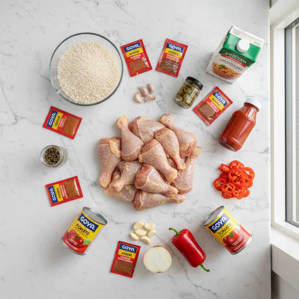 Ingredients for Dominican locrio de pollo laid out on counter