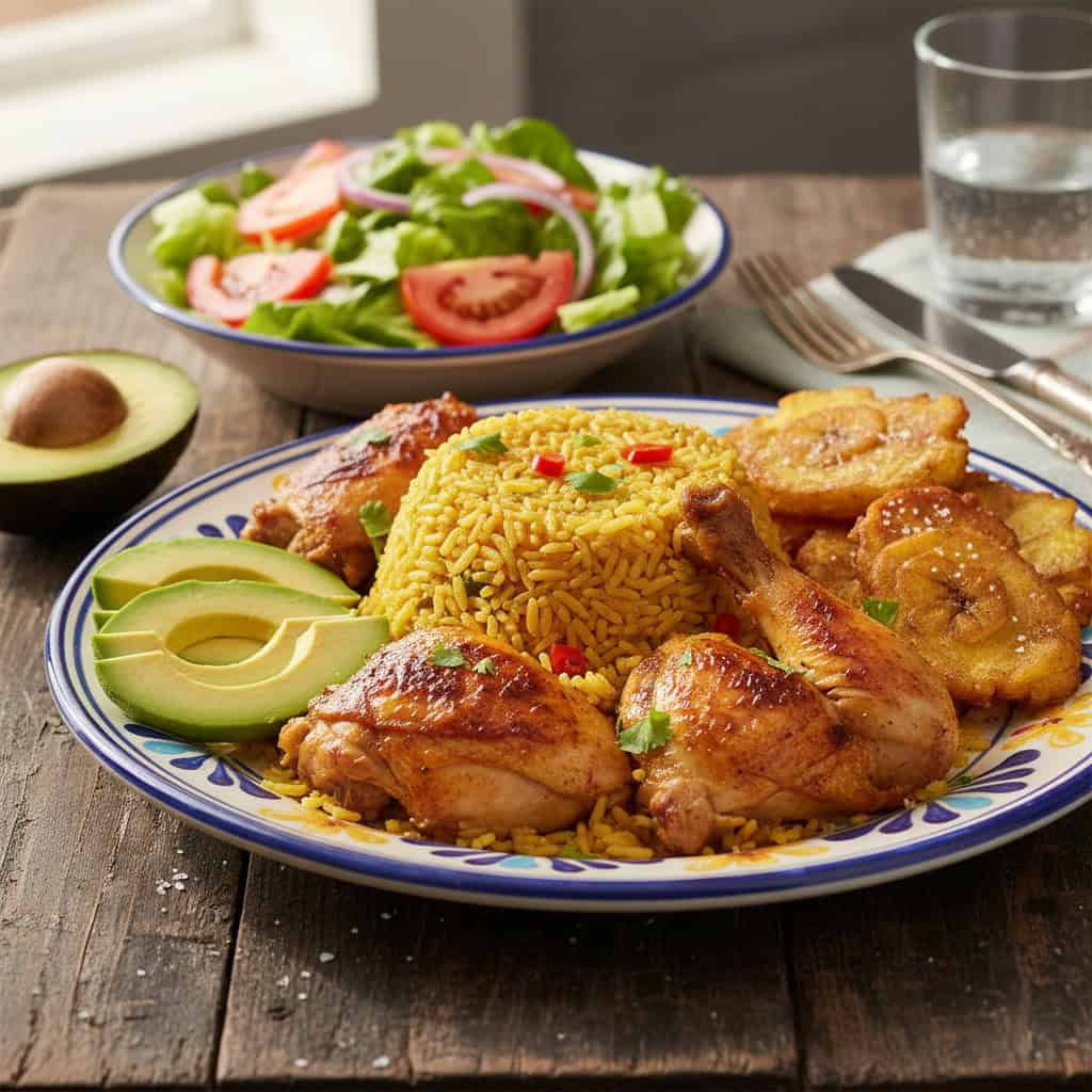 Locrio de pollo plated with avocado salad and tostones