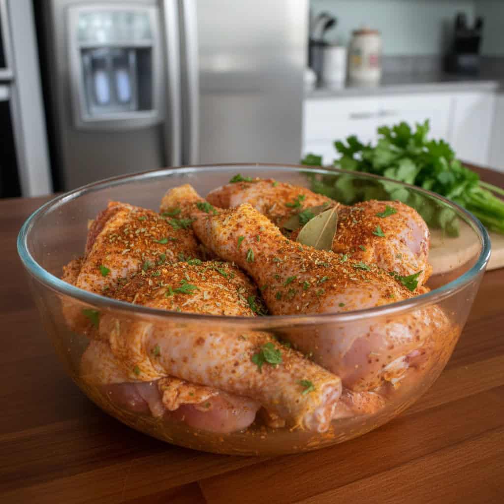 Bone-in chicken pieces seasoned for locrio de pollo
