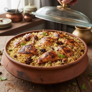 Rice and chicken combined in pot for locrio de pollo