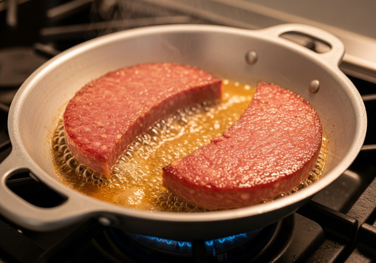 Thick slices of Dominican salami browning in a caldero with crispy reddish edges forming