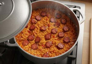 Rice and salami simmering together in a caldero with golden-red color developing