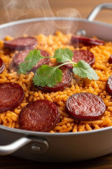 Locrio de salami in a traditional caldero — golden-red Dominican rice with browned salami slices and cilantro garnish