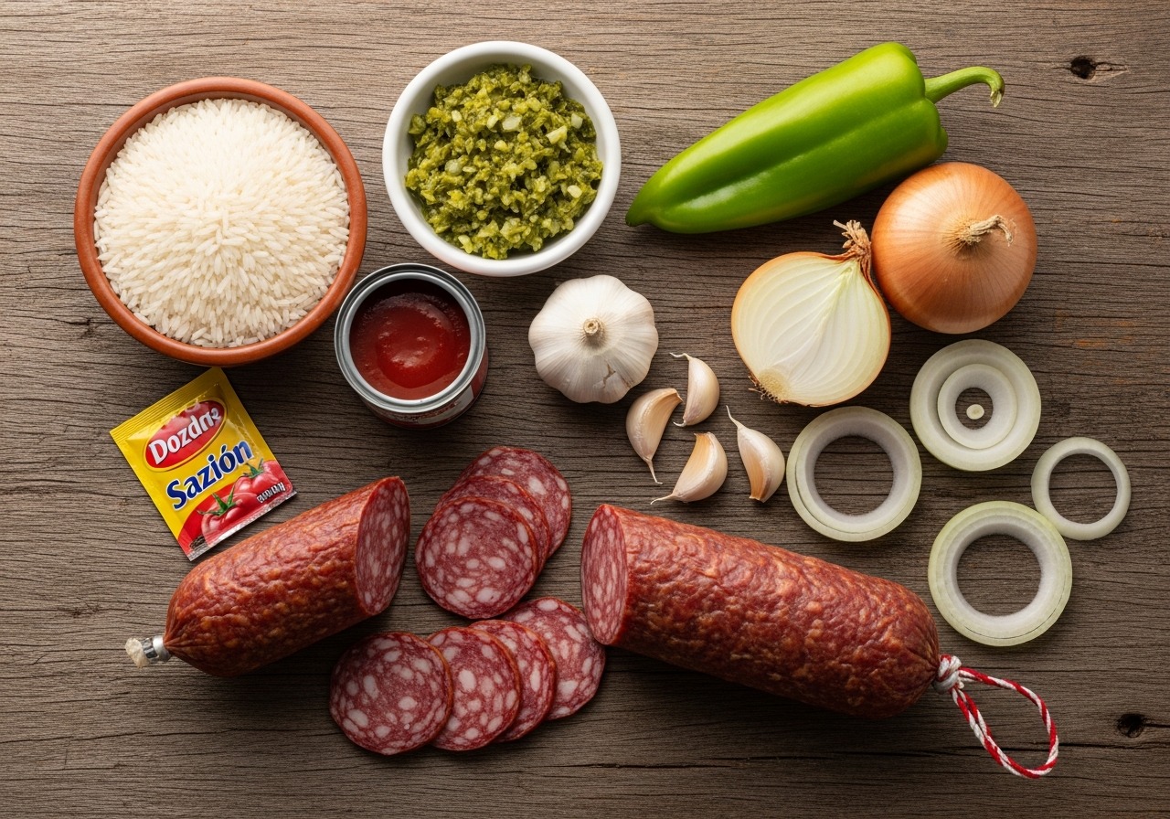 Ingredients for locrio de salami laid out on a wooden surface