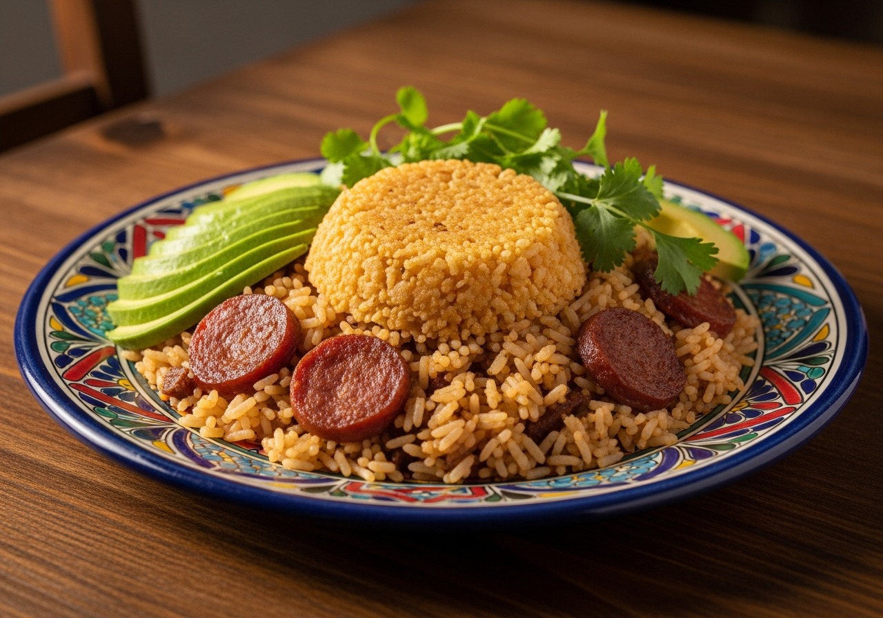 Plated locrio de salami with avocado slices on a Dominican home table