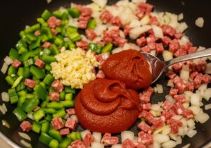 Dominican sofrito with diced onion, cubanelle, and garlic cooking in salami fat in a caldero