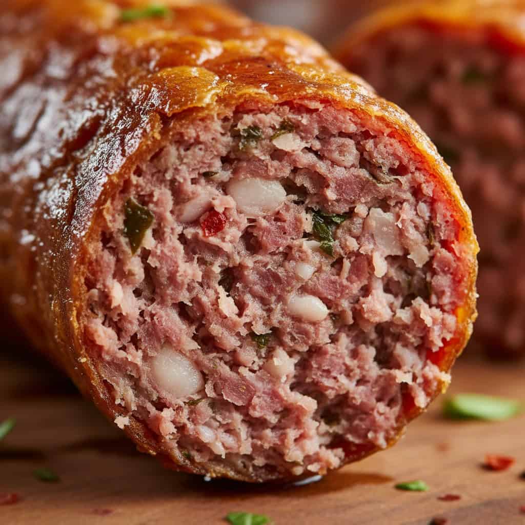 Close-up of crispy longaniza showing cracked skin and juicy interior