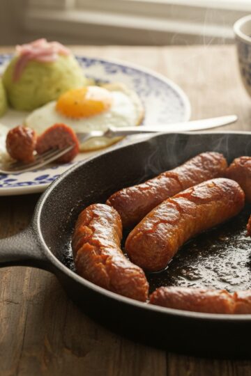 Crispy Dominican longaniza in cast iron skillet with cracked golden skin