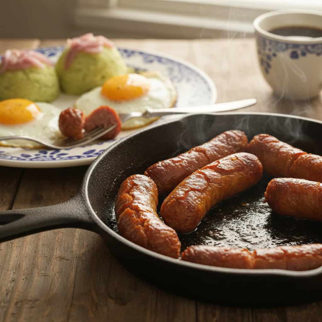 Crispy Dominican longaniza in cast iron skillet with cracked golden skin