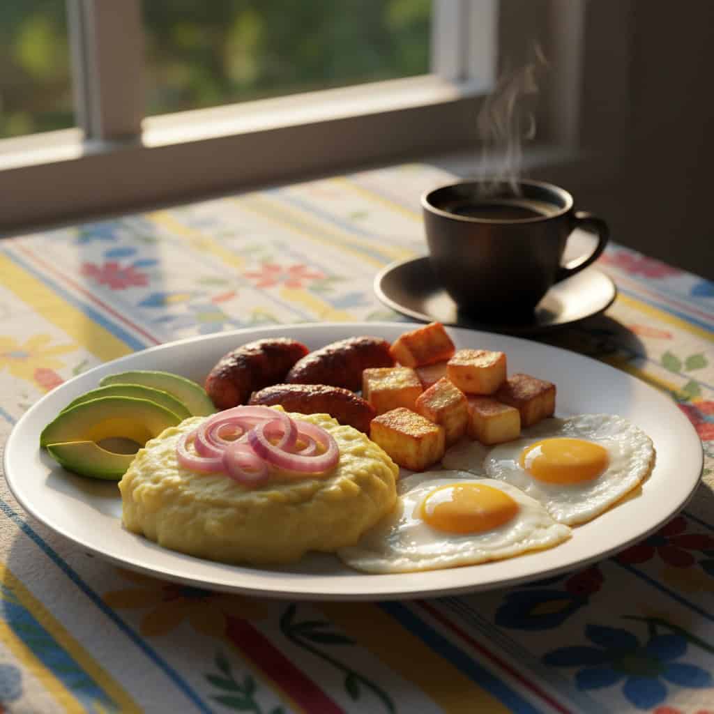 Longaniza served with mangu tres golpes breakfast plate