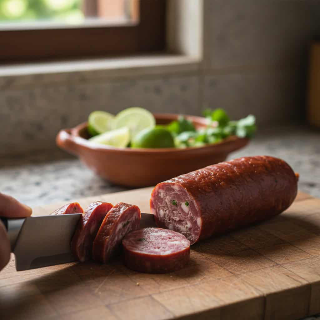 Dominican longaniza being cut into sections before frying