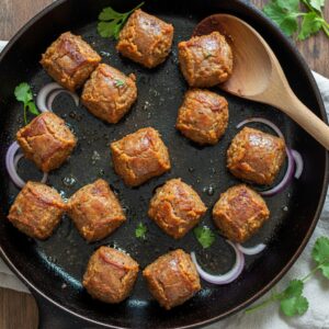 Longaniza cooking in cast iron skillet with crispy cracked skin