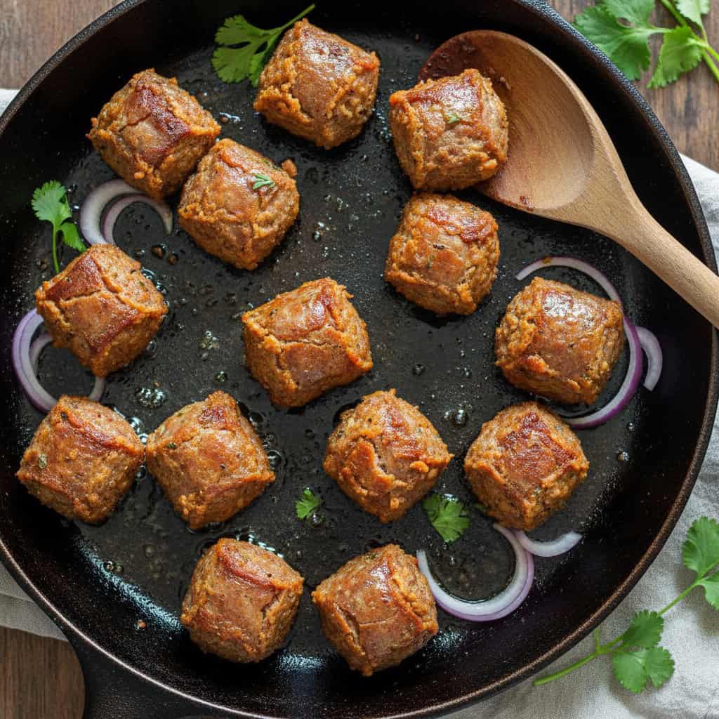 Longaniza cooking in cast iron skillet with crispy cracked skin