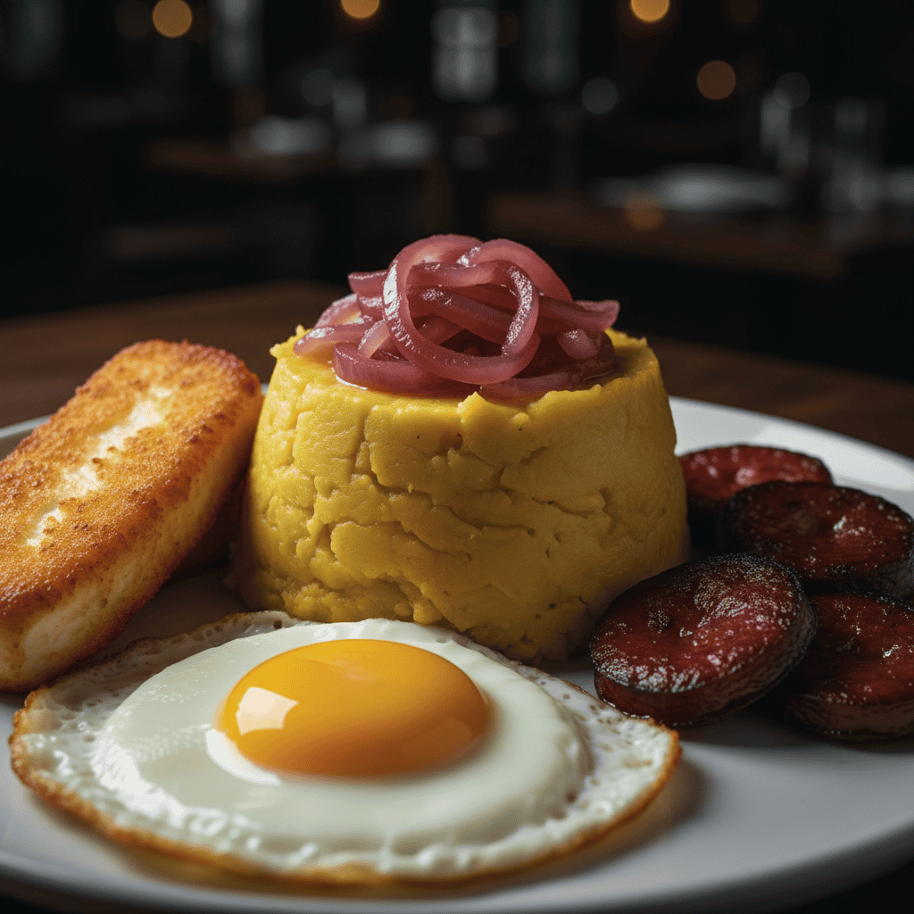 Close-up of the complete los tres golpes plate showing mangu with pickled onions, queso frito, salami, and egg