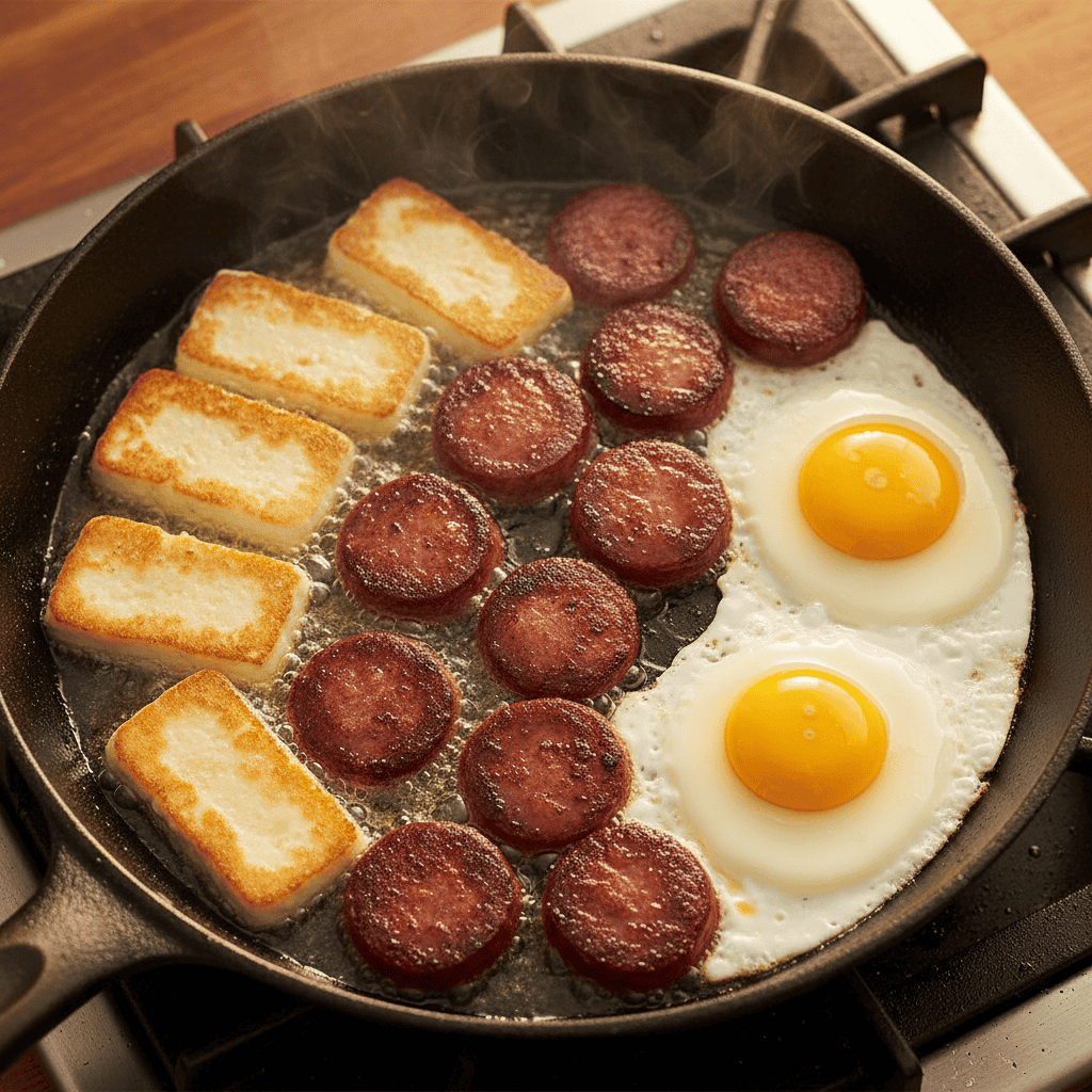 Dominican breakfast components frying in hot pan with golden light