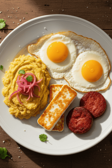 Dominican los tres golpes breakfast plate — mangu, queso frito, fried salami, and sunny-side-up eggs