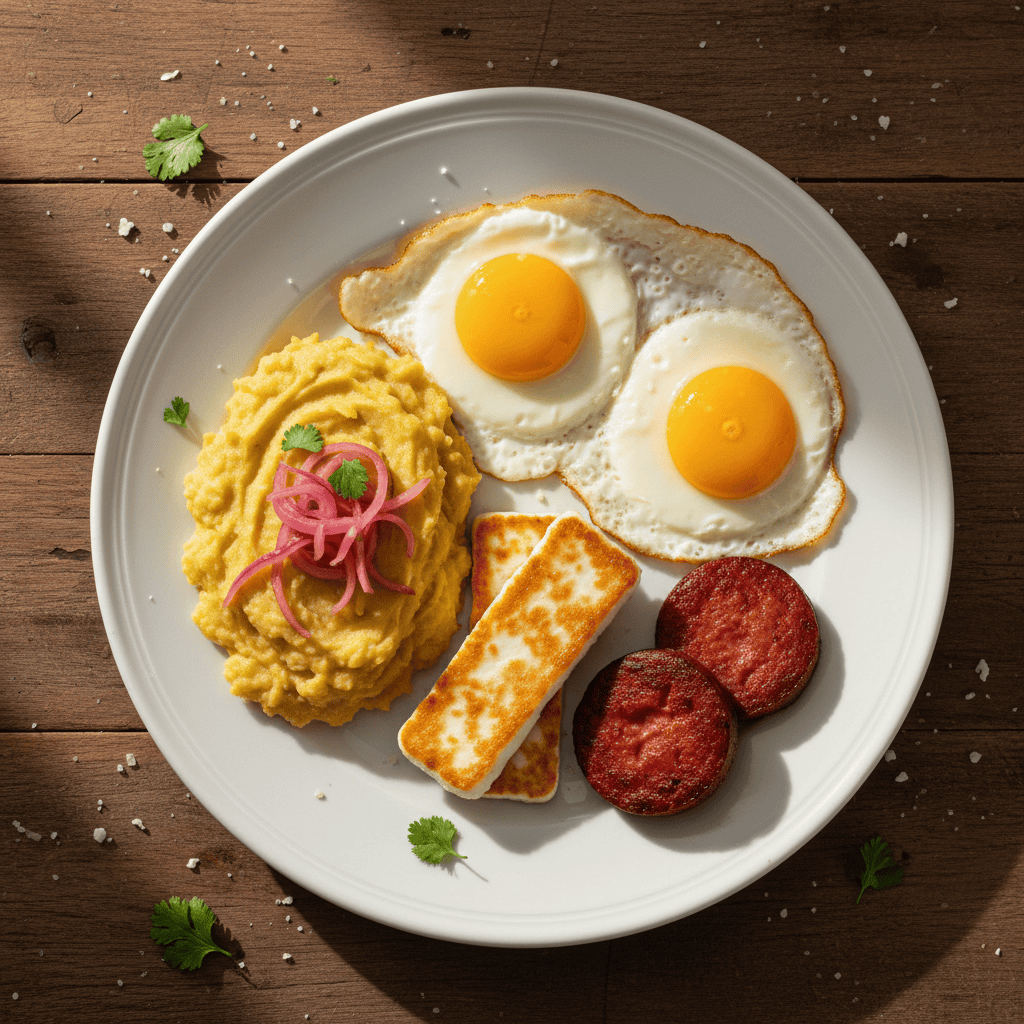 Dominican los tres golpes breakfast plate — mangu, queso frito, fried salami, and sunny-side-up eggs