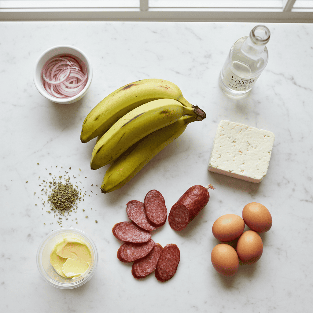 Los tres golpes ingredients — green plantains, queso de freir, Dominican salami, eggs, red onions, vinegar