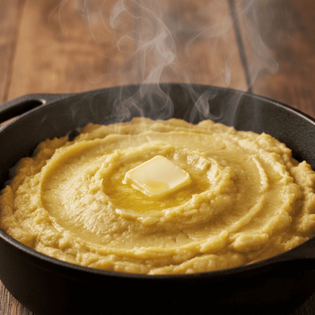 Creamy Dominican mangu being mashed with butter and steam rising