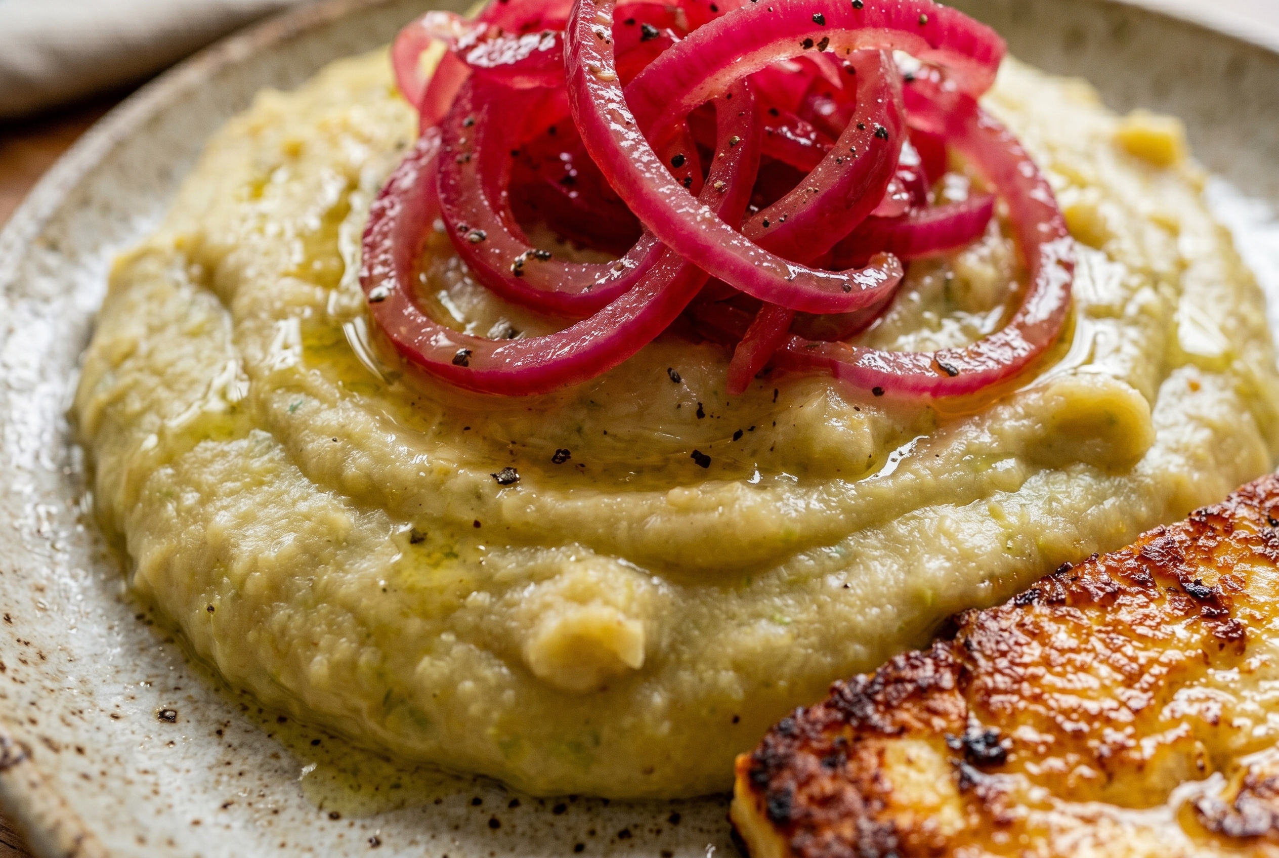 Close-up of los tres golpes plate with mangu and pickled onions