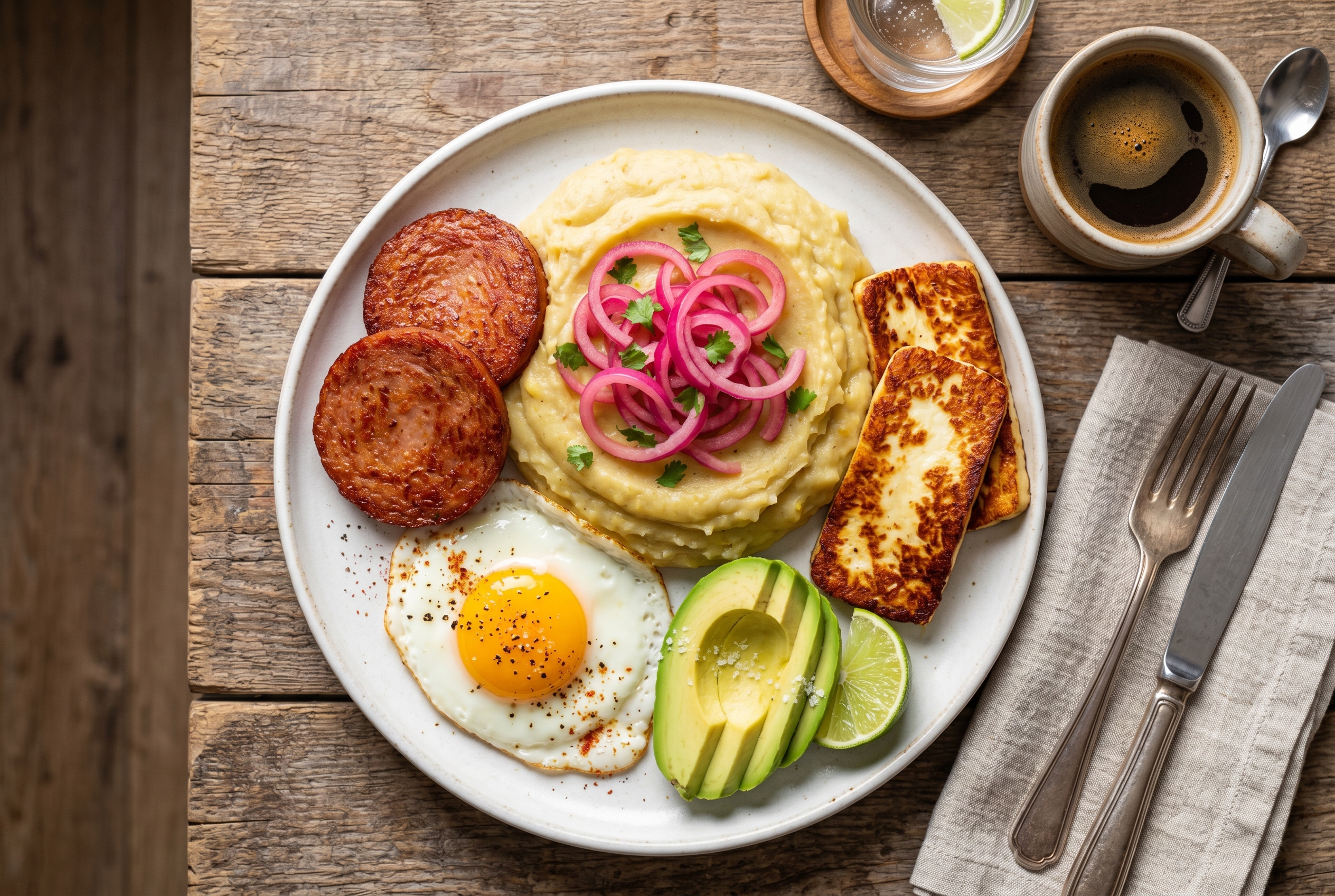 Los tres golpes Dominican breakfast plate with mangu queso frito salami and egg