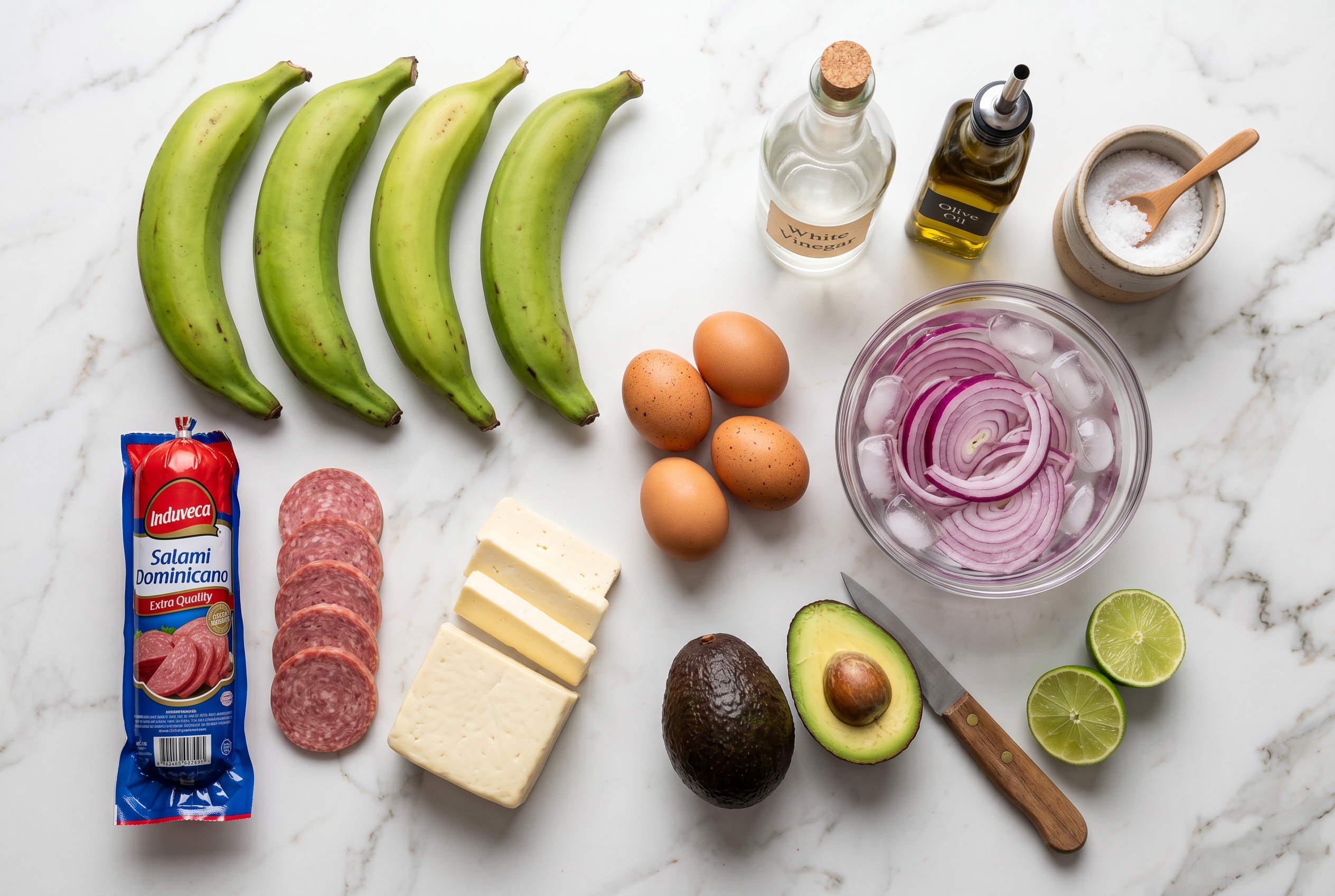 Ingredients for los tres golpes Dominican breakfast