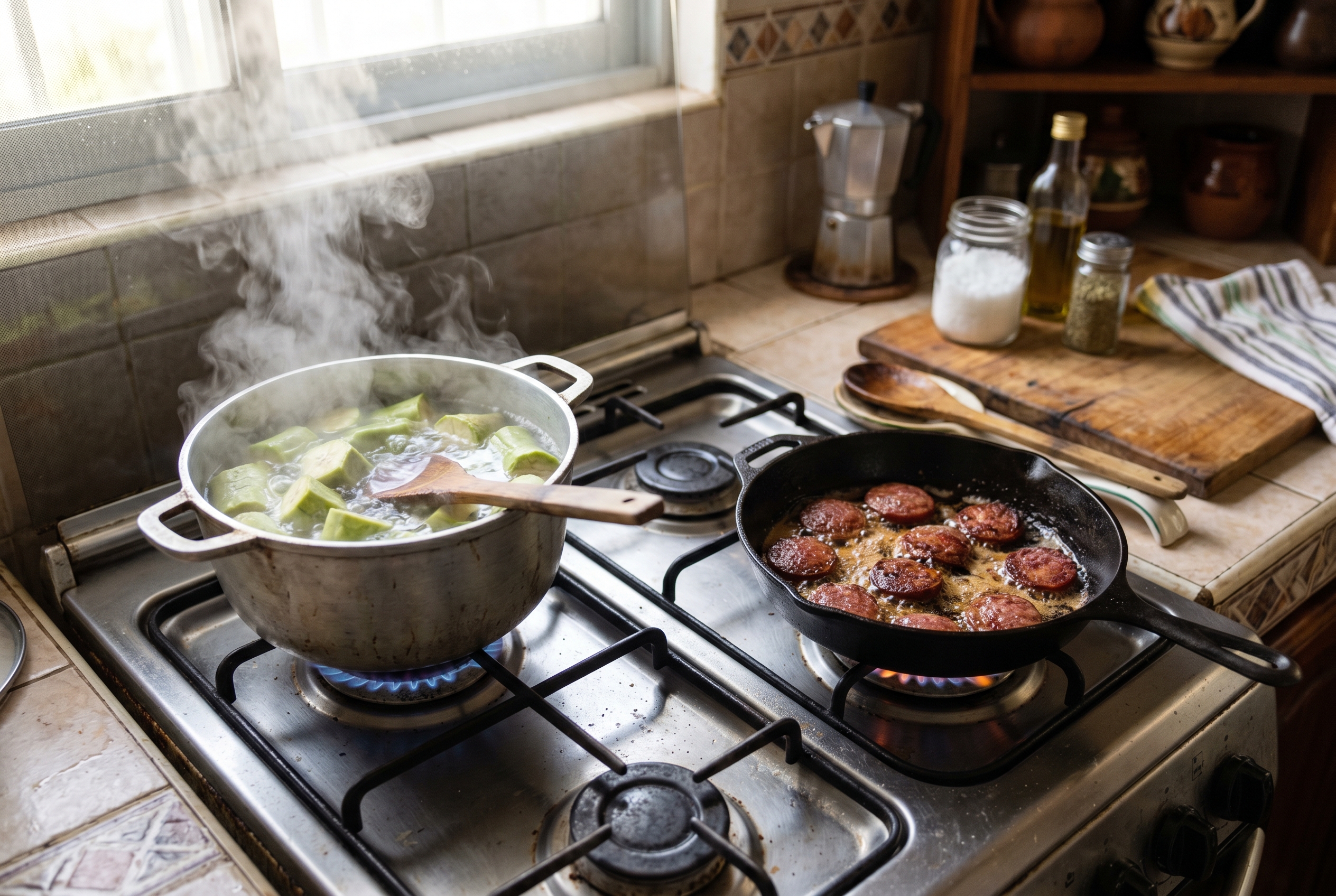 Green plantains boiling for mangu and salami frying in skillet