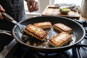 Queso frito frying in skillet with golden crispy edges