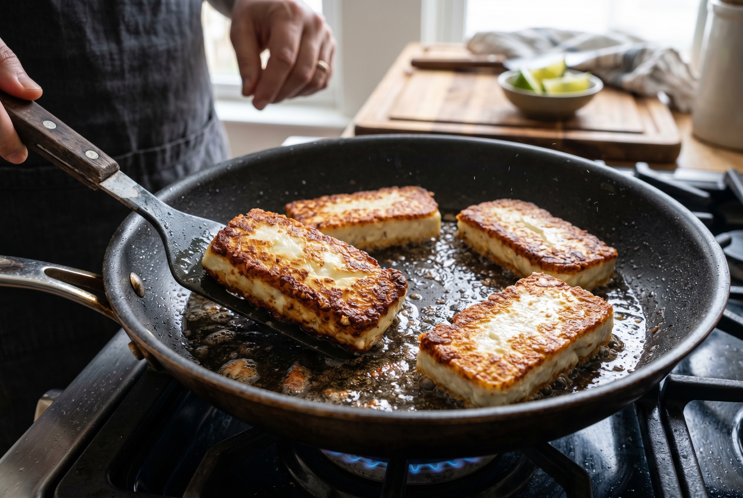Queso frito frying in skillet with golden crispy edges