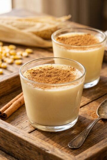 Majarete dominicano in small glass cups dusted with ground cinnamon